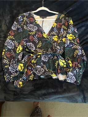 Eloquii Black Floral Wrap Blouse with Yellow, Green & Brown Accents